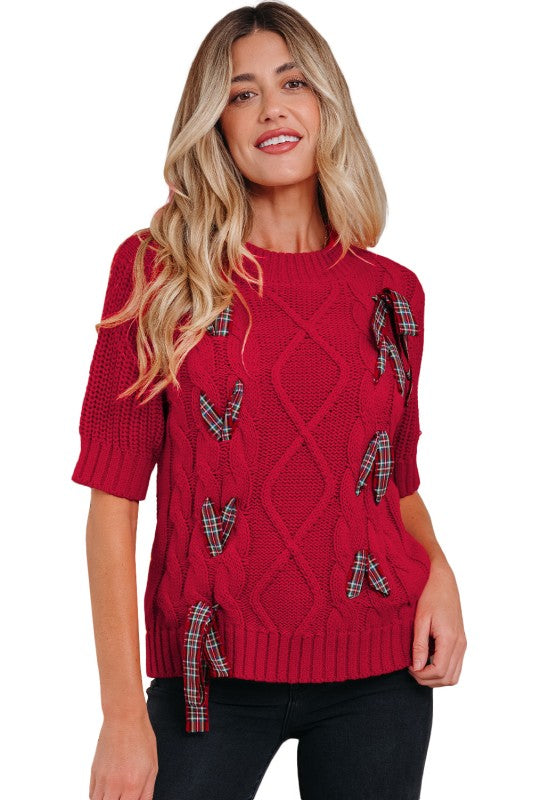 Christmas Plaid Lace-Up Puff Sleeve Sweater