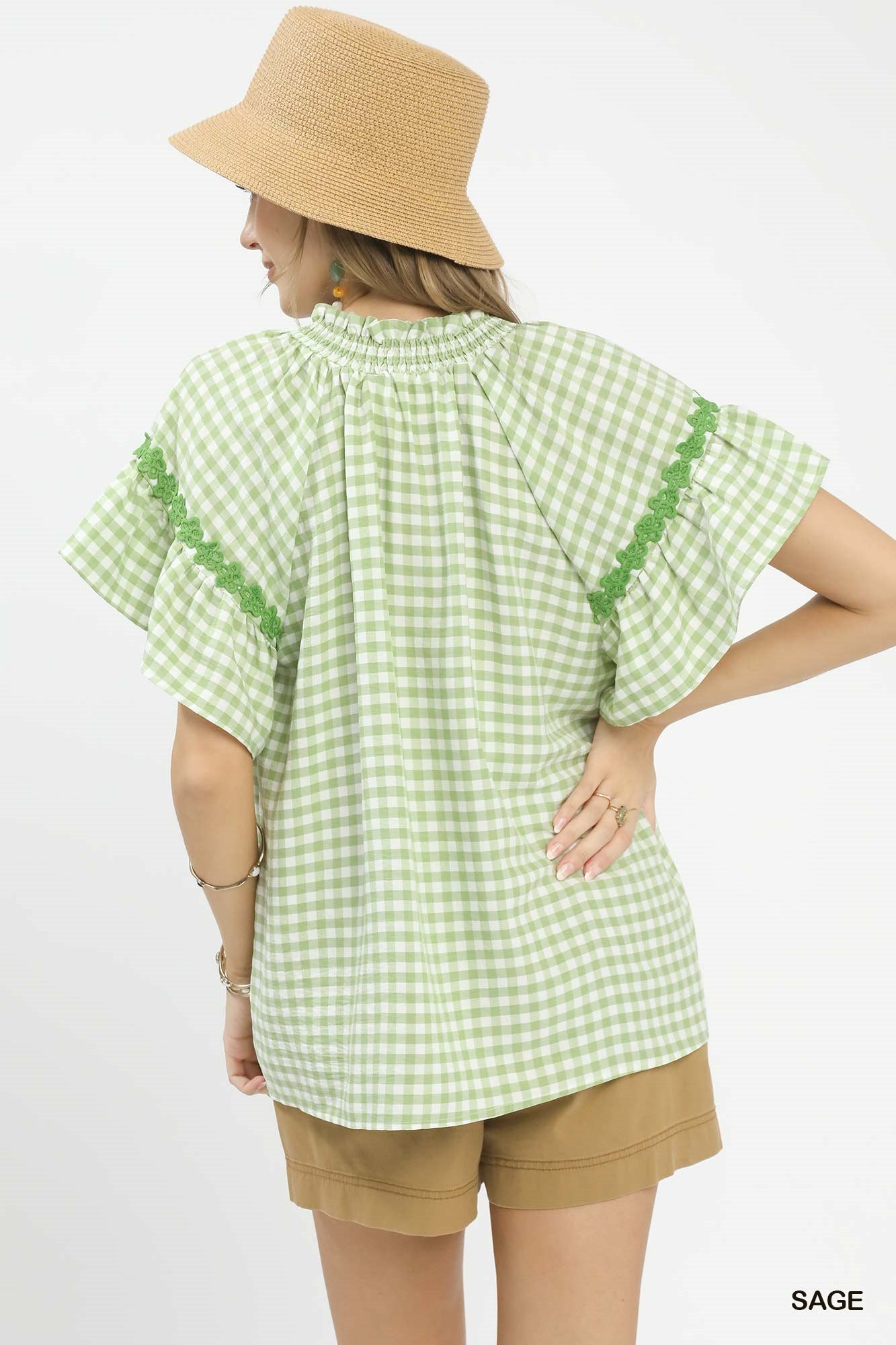 Umgee Gingham Lace Trim Top in Sage