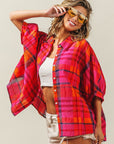 BiBi Button Up Dolman Sleeve Plaid Shirt