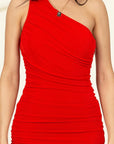 HYFVE Slinky One Shoulder Ruched Asymmetric Hem Dress