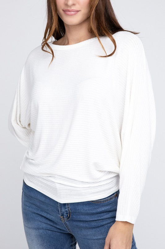 Zenana Ribbed Batwing Long Sleeve Boat Neck Sweater