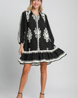 Umgee Border Print Button Down Ruffled Hem Dress