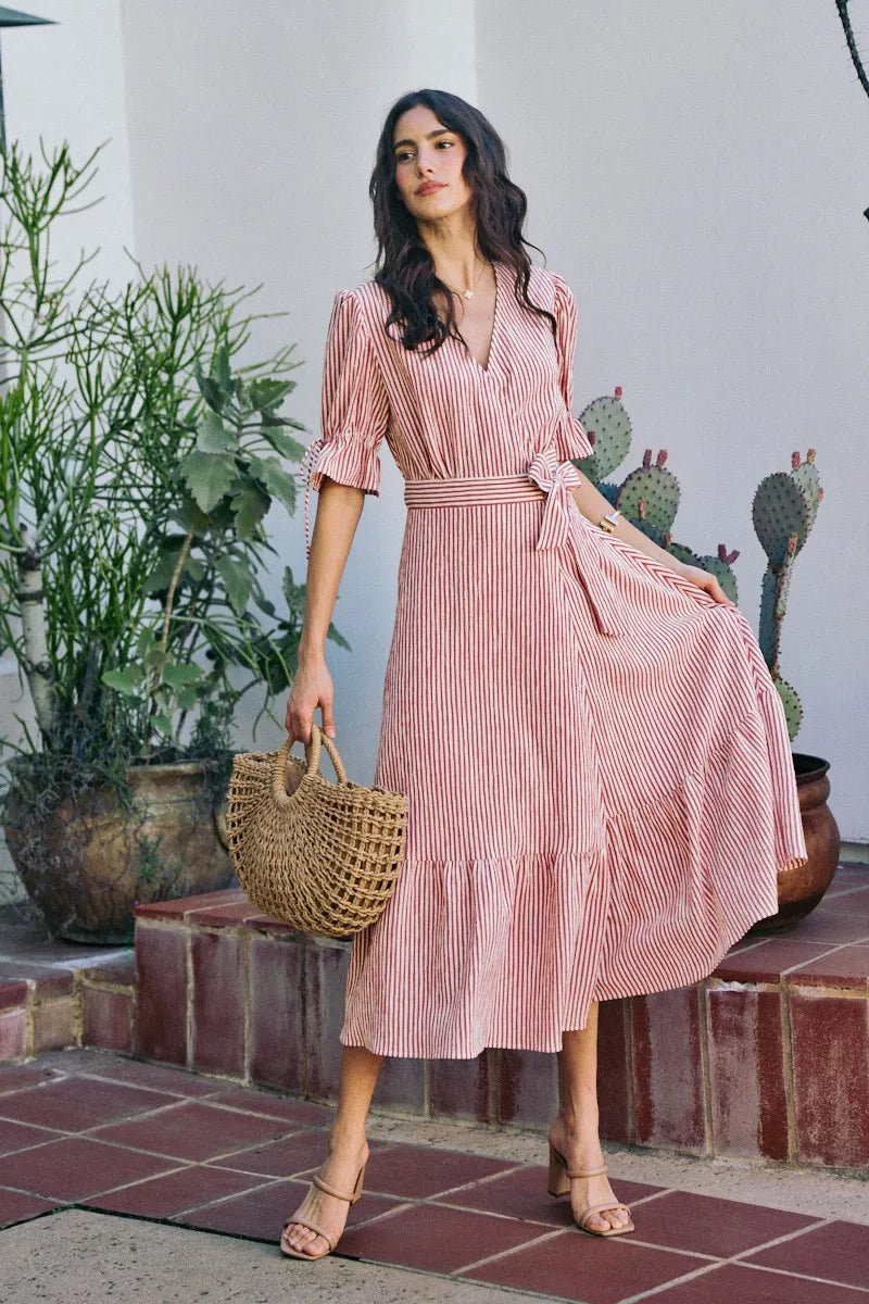 SO ME Stripe Textured Short Sleeves Lined Wrap Midi Dress