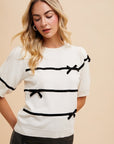 Annie Wear Striped Bow Round Neck Knit Top