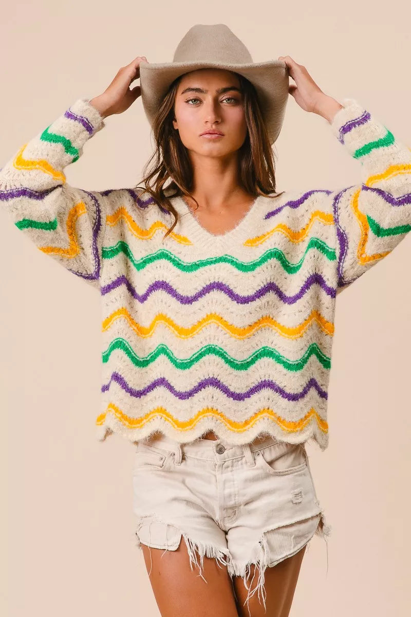 BiBi Mardi Gras Wavy Stripes V-Neck Sweater