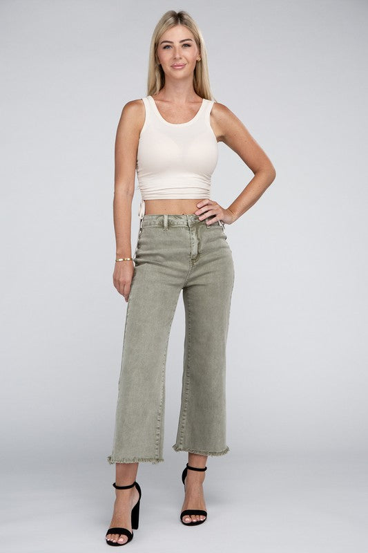 Zenana Acid Washed High Waist Frayed Hem Straight Pants