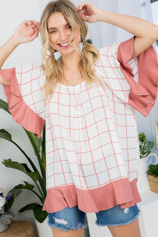 e Luna PLUS Plaid Mix Ruffle Peasant Top