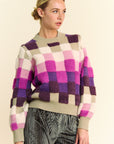 Davi & Dani Checkered Round Neck Long Sleeve Sweater