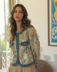 Annie Wear Floral Jacquard Denim Contrast Button Down Jacket