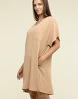 Zenana Woven Airflow V Neck T-Shirt Dress with Pockets