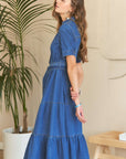 ADORA Tiered Button Down Tie Waist Short Sleeve Denim Dress