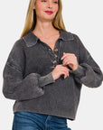 Zenana Washed Half Button Long Sleeve Sweater