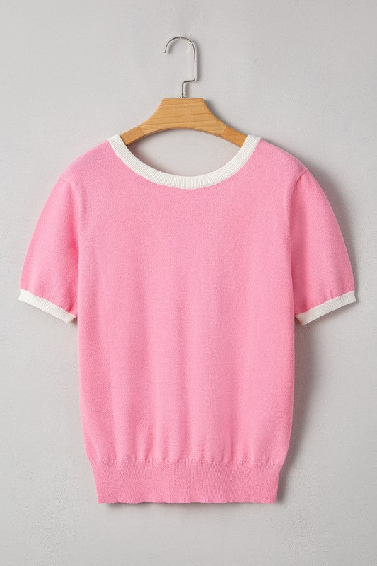 Mercy Bow V-Shape Cut Back Short Sleeve Sweater