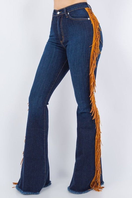 GJG Denim Fringe Bell Bottom in Dark Blue