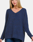 Zenana High-Low Center Seam V-Neck Sweater