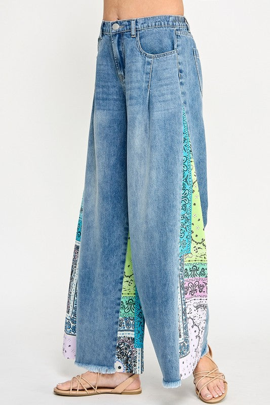 SAGE + FIG Raw Hem Paisley Print Side Wide Leg Jeans