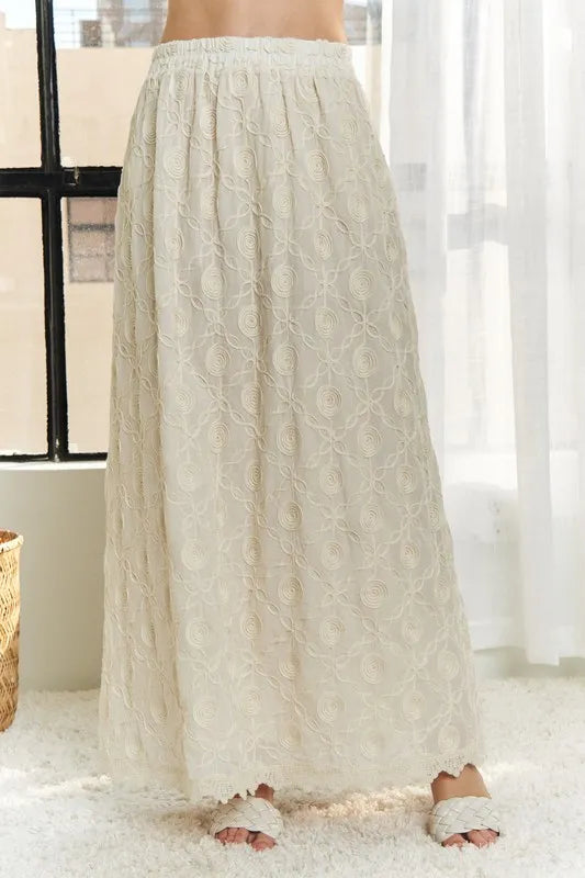 ADORA Elastic Waist Applique Maxi Skirt in Beige