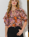 ODDI Full Size Floral Tie Neck Ruffled Blouse