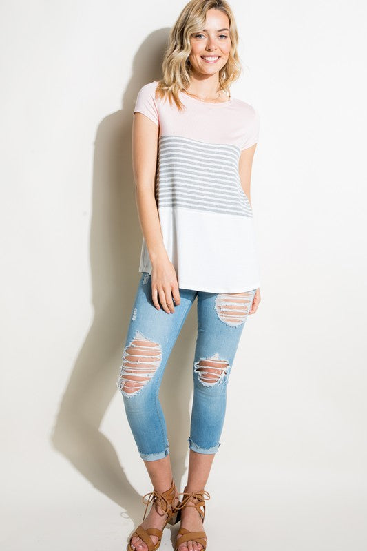 e Luna PLUS Striped Solid Color Block Top