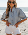 Chambray Ruffle Short Puff Sleeve Buttoned Shirt