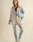 Tweed Mixed Denim Shacket with Fringed Hem