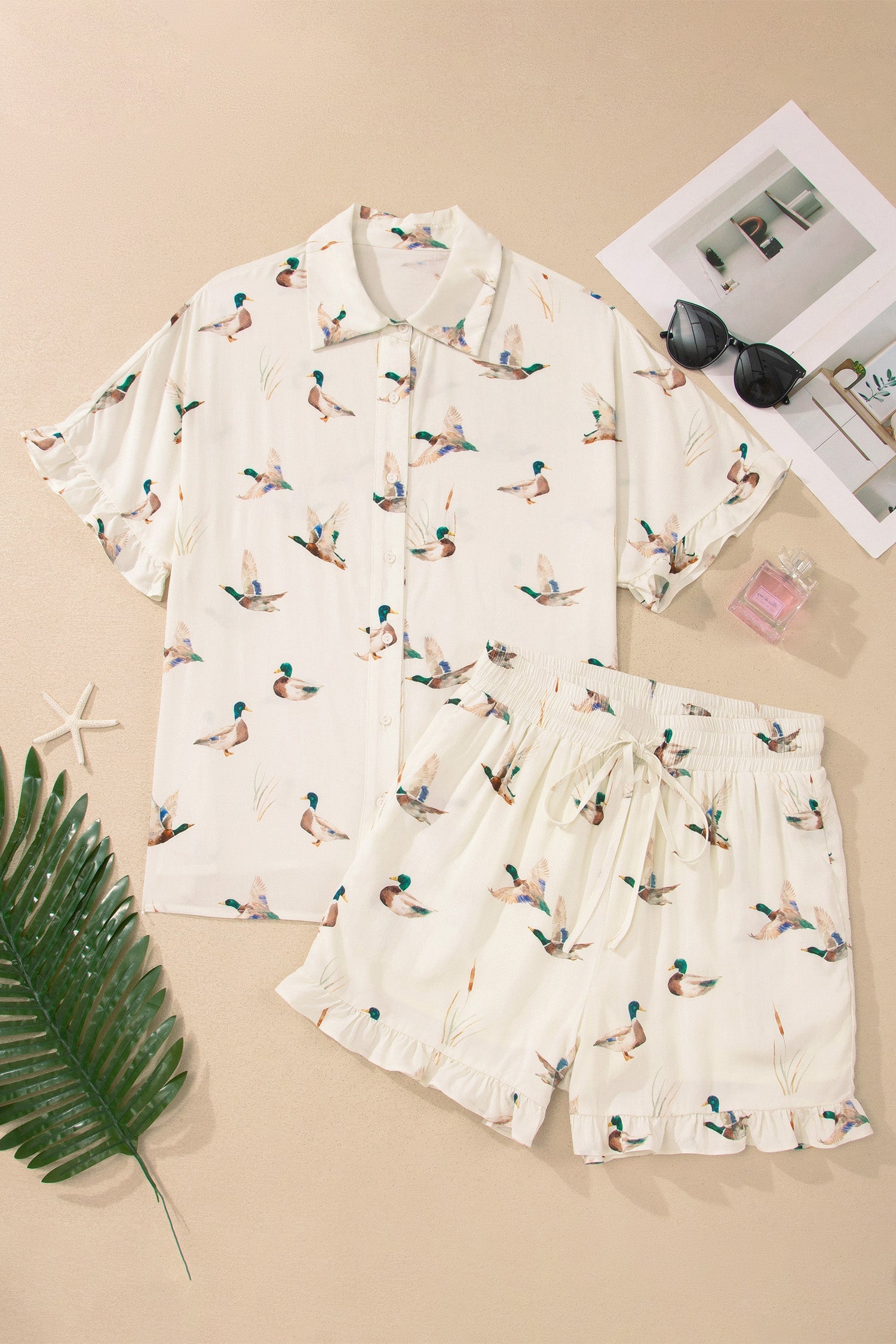 Mallard Ruffle Buttoned Shirt & Shorts Pajama Set