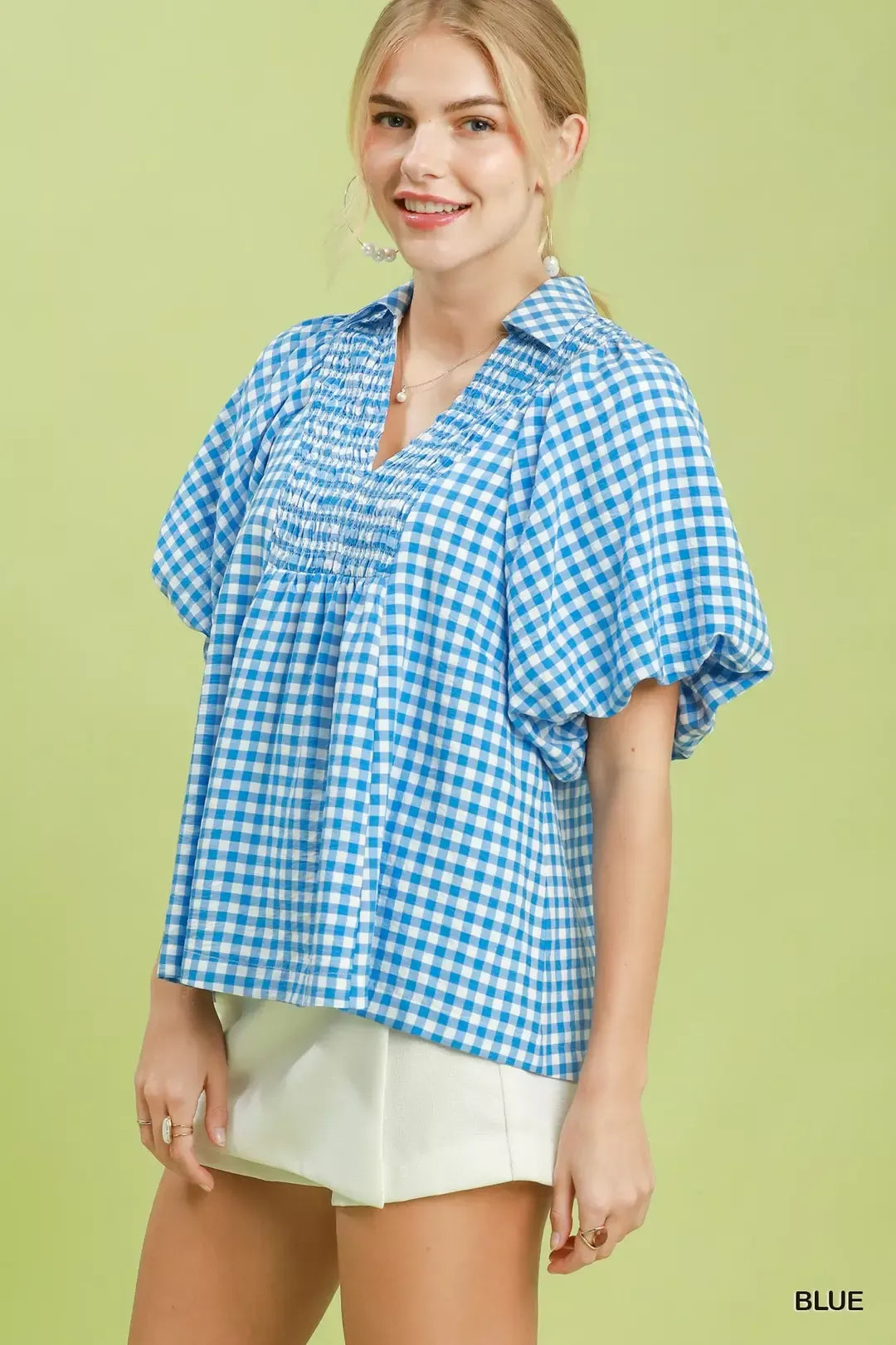 Umgee Smocked Yoke Puff Sleeve Gingham Blouse in Blue