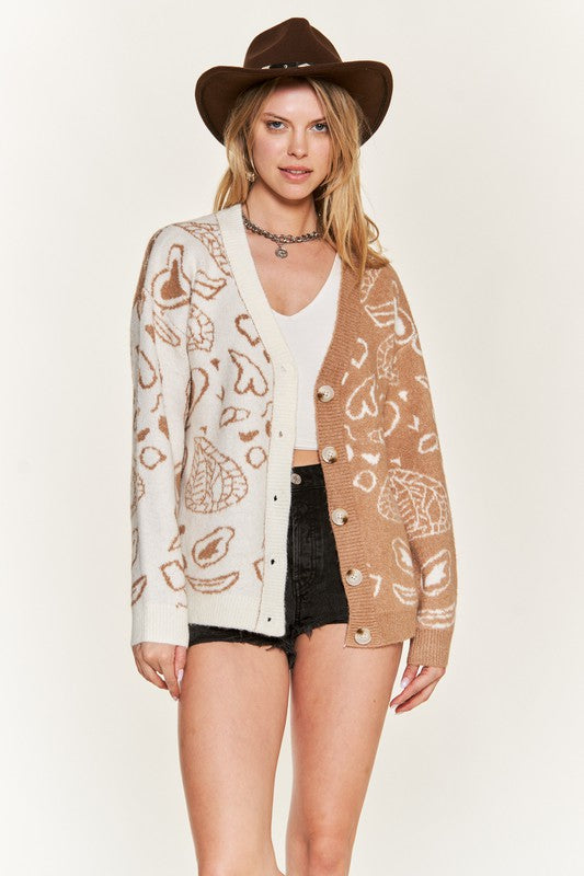 Jade By Jane Heart Paisley Color Block Cardigan