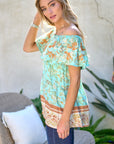 Davi & Dani Printed Off Shoulder Smocked Top