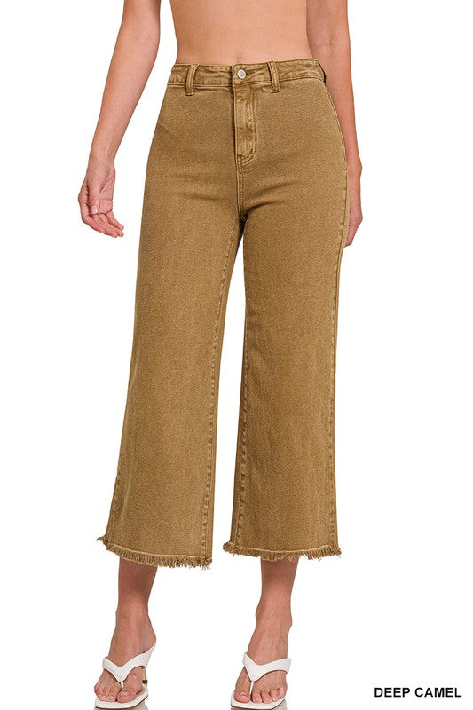 Zenana Acid Washed High Waist Frayed Hem Straight Pants