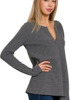 Zenana Melange Baby Waffle V-Neck Long Sleeve Top