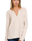 Zenana Melange Baby Waffle V-Neck Long Sleeve Top