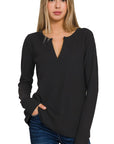 Zenana Melange Baby Waffle V-Neck Long Sleeve Top