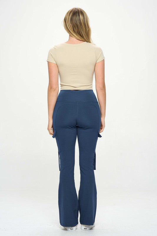 Women's High Waisted Side Flap Pocket Cargo Flare Casual Leggings