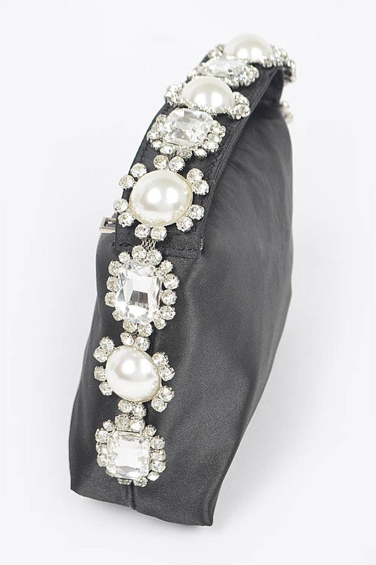 Embellished Top Handle Satin Soft Clutch