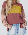 Color Block Stripe Lantern Sleeve Side Slit Tunic