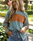 Color Block Stripe Lantern Sleeve Side Slit Tunic