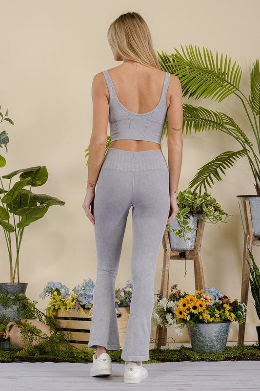 Women&#39;s Stone Washed Ribbed Matching Yoga Set