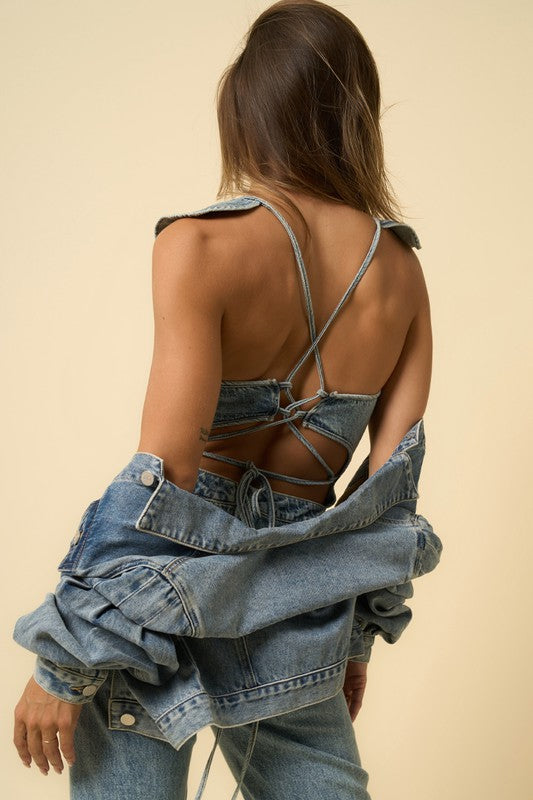 Denim Lab USA Backless Puffle Jumpsuit