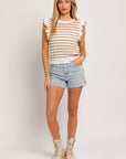 Round Neck Ruffle Sleeve Stripe Knit Top