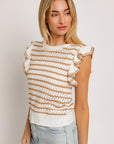 Round Neck Ruffle Sleeve Stripe Knit Top