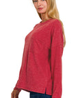 Zenana Ribbed Brushed Melange Hacci Sweater with a Pocket