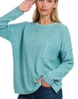 Zenana Ribbed Brushed Melange Hacci Sweater with a Pocket