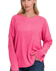 Zenana Ribbed Brushed Melange Hacci Sweater with a Pocket