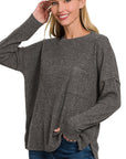 Zenana Ribbed Brushed Melange Hacci Sweater with a Pocket