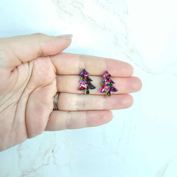 Christmas Tree Studs - Pink Sparkle Earrings