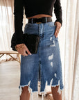 Distressed Denim Midi Skirt