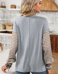 Colorblock Striped Bishop Sleeve Side Slits Top