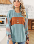 Colorblock Striped Bishop Sleeve Side Slits Top