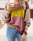 Colorblock Striped Bishop Sleeve Side Slits Top